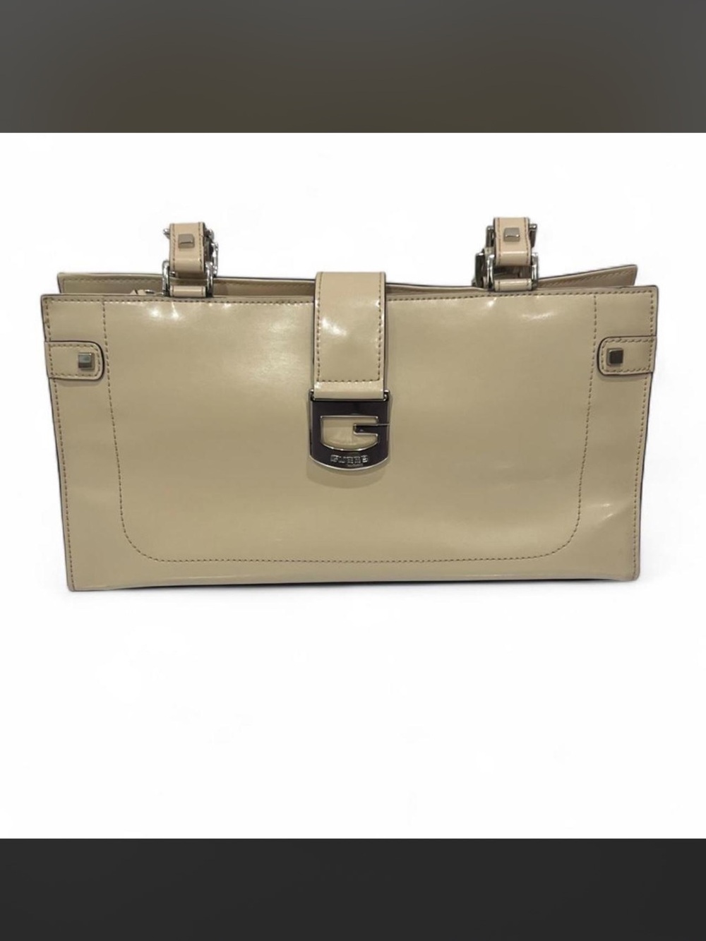 Guess Beige Patent Leather Satchel with Silver Hardware